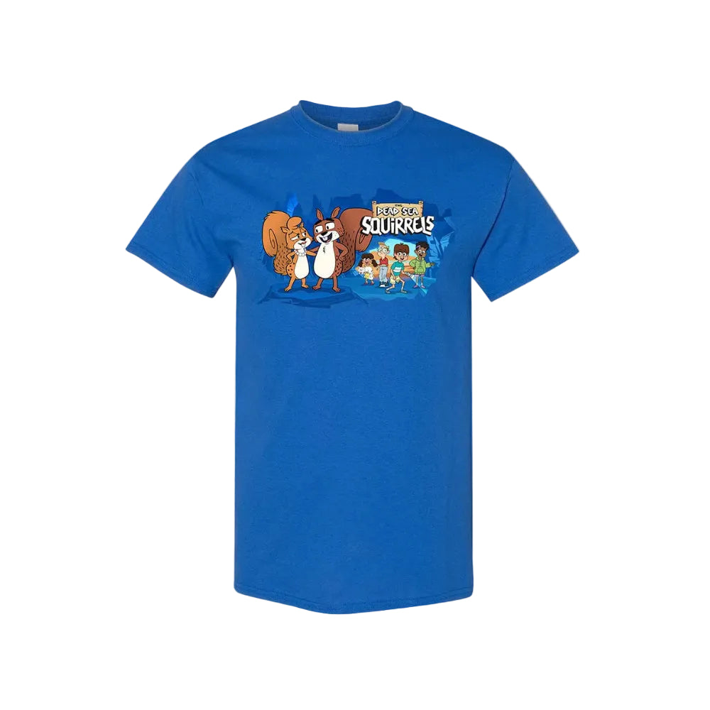 Blue t-shirt with cartoon squirrel design and text on a white background